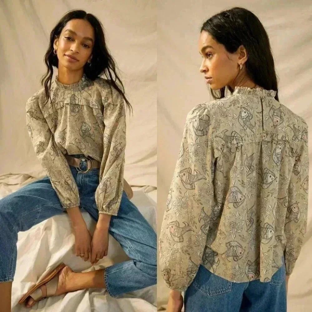 Anthropologie Let Me Be Maple Ruffled Blouse Romantic Fish Size 4 NWOT $138